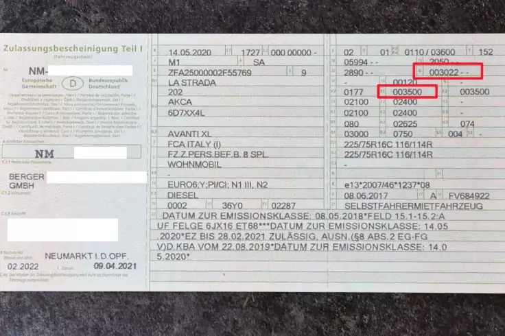 Zulassungsbescheinigung Teil I mit gedruckten Datenfeldern; zwei nummerierte Felder rot umrandet; mehrere Textblöcke, Logos und Stempel; einige Bereiche weiß überdeckt; Karte auf dunklem, strukturiertem Untergrund
