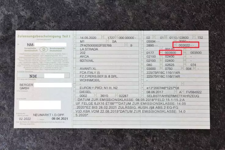 Nahaufnahme eines zweigeteilten hellen Formulars auf dunklem Untergrund. Linke Spalte mit Textblöcken und ausgefüllten Feldern, rechte Spalte mit Tabellen, gedruckten Zahlen und Codes