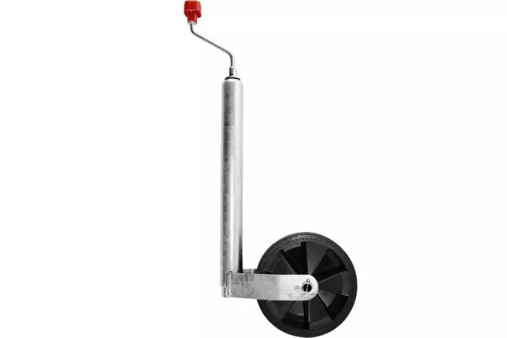 Metallständer mit L-förmiger Halterung und schwarzem Rad, oben rote Kunststoffkappe, weißer Hintergrund