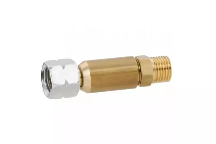 Zylindrisches Metallstück mit goldfarbener Oberfläche; ein Ende mit silberner Sechskantmutter, anderes Ende mit Außengewinde