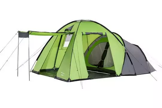 Grün-graues Familienzelt mit offenem Vorraum, ausgezogener Vordachplane, Gestänge und Abspannleinen