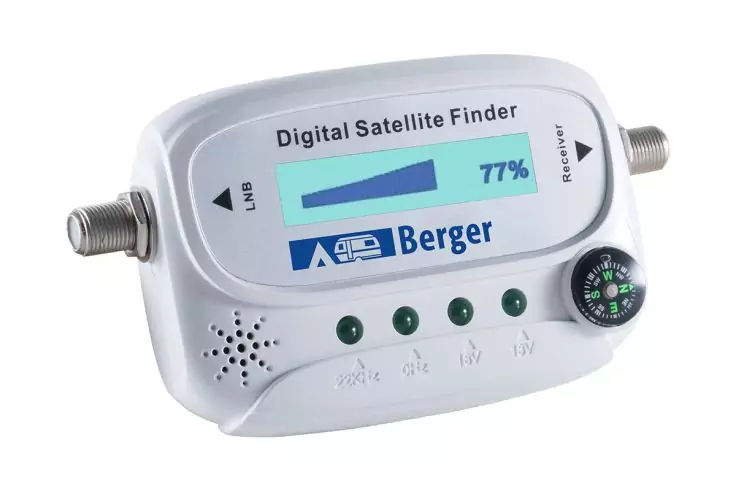 Weißes Gerät mit LCD-Anzeige 'Digital Satellite Finder' und Balken '77%', zwei Koaxialanschlüsse, drei grüne LEDs, Lautsprecheröffnung, 'Berger'-Logo, kleines Kompass-Rädchen