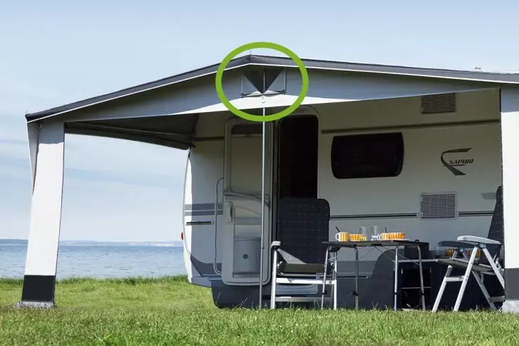 Weißer Wohnwagen mit ausgefahrener Markise, Klapptisch und -stühle mit Getränken, Gras im Vordergrund, See und Himmel im Hintergrund, grüner Kreis um dreieckiges Dachdetail