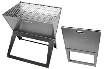 Zwei faltbare Metallgrills auf hellem Hintergrund; links aufgebauter Grill mit Grillrost, rechts zusammengeklapptes Gehäuse mit Tragegriff