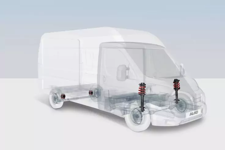 Transparenter Lieferwagen mit sichtbarem Fahrgestell, Antriebswelle, vorderen Federbeinen und vier Rädern