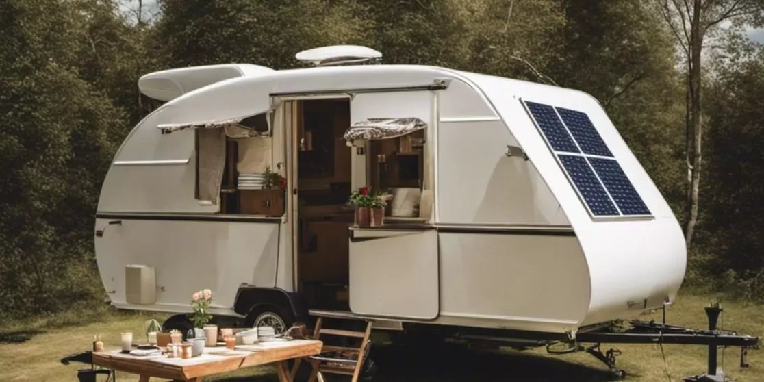 Wei&szlig;er Wohnwagen mit abgerundeter Form auf Wiese vor B&auml;umen, T&uuml;r offen mit Treppe, Solarpanel an der Vorderseite, Fenster mit Vorh&auml;ngen, kleiner Holztisch davor mit Tellern, Tassen und Blumen