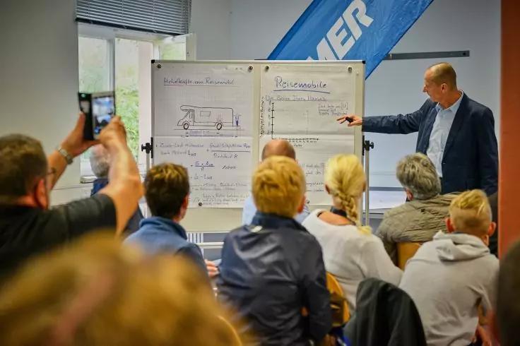 Eine stehende Person zeigt auf zwei mit Diagrammen beschriebene Flipcharts, mehrere Personen sitzen mit dem R&uuml;cken zur Kamera, links h&auml;lt eine Person ein Smartphone hoch, blauer Banner und Fenster im Hintergrund