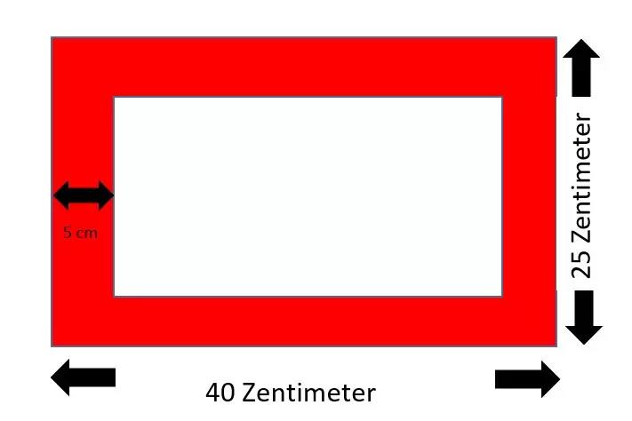 Roter rechteckiger Rahmen mit wei&szlig;em Innenrechteck; schwarze doppelseitige Pfeile unten (40 Zentimeter), rechts (25 Zentimeter) und links (5 cm)