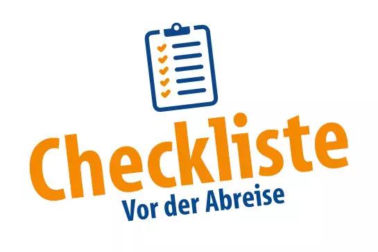 Klemmbrett-Icon mit Liste und H&auml;kchen &uuml;ber dem orangefarbenen Wort "Checkliste" und dem blauen Text "Vor der Abreise"