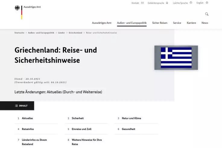 Screenshot einer Webseite mit dem Logo 'Ausw&auml;rtiges Amt', dem Titel 'Griechenland: Reise- und Sicherheitshinweise', einer griechischen Flagge rechts und einer Inhalts&uuml;bersicht darunter