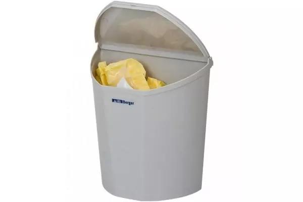 Wei&szlig;er Kunststoff-M&uuml;lleimer mit ge&ouml;ffnetem Deckel und gelbem M&uuml;llbeutel innen