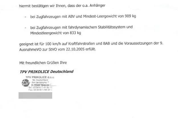 Gescannter deutscher Brief mit Text; zwei Aufz&auml;hlungspunkte mit den Zahlen '909 kg' und '833 kg', die Zahl '100 km/h', Datum '22.10.2005', die Gru&szlig;formel 'Mit freundlichen Gr&uuml;&szlig;en', Firmenname 'TPV PRIKOLICE Deutschland', kleines rundes Logo und geste