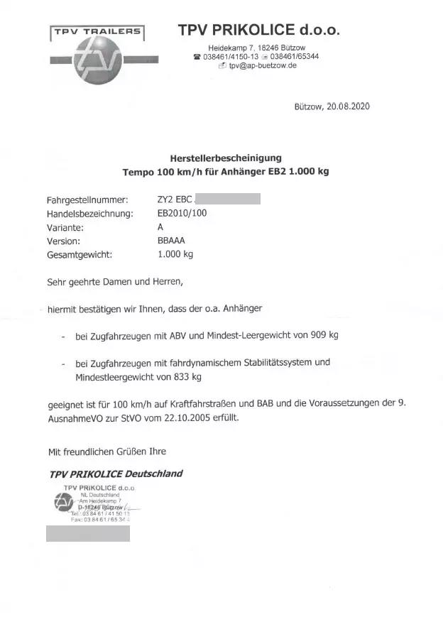 Wei&szlig;es DIN‑A4‑Dokument. Oben links Logo 'TPV TRAILERS', oben rechts 'TPV PRIKOLICE d.o.o.' mit Adresse. &Uuml;berschrift 'Herstellerbescheinigung'. Datum 'Bitzovo, 20.08.2020'. Fettzeile 'Tempo 100 km/h f&uuml;r Anh&auml;nger ES2 1.000 kg'. Liste mit Eintr&auml;gen: 'Fa
