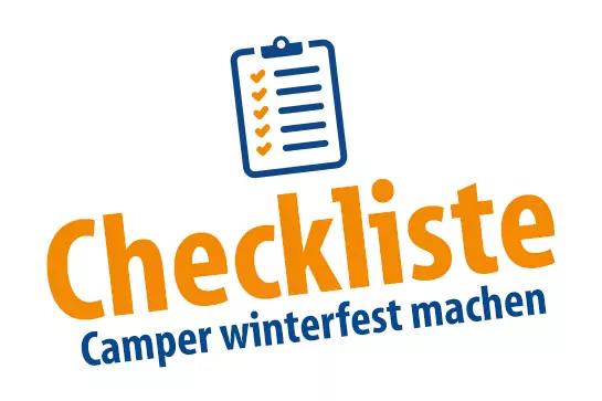 Blaues Klemmbrett mit orangefarbenen Häkchen; Schriftzug 'Checkliste' in Orange, darunter 'Camper winterfest machen' in Blau auf weißem Hintergrund