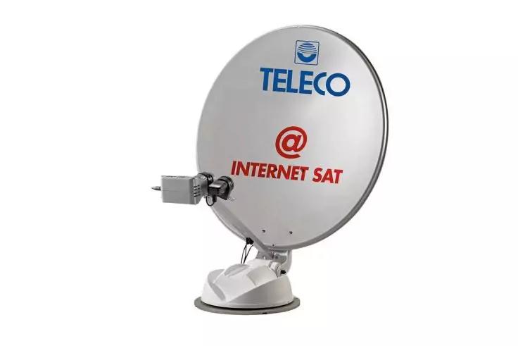 Wei&szlig;e Satellitensch&uuml;ssel mit der Aufschrift "TELECO" (blau) und "@ INTERNET SAT" (rot), LNB und Montagefu&szlig;