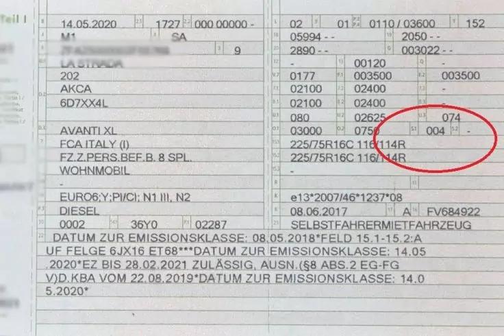 Nahaufnahme eines gedruckten Dokuments mit mehreren Zeilen und Spalten aus Text und Zahlen; rechts ist ein roter Kreis um zwei dreistellige Zahlen