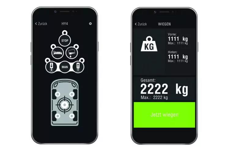 Zwei nebeneinander gezeigte Smartphones mit schwarzen Bildschirmen auf wei&szlig;em Hintergrund. Linkes Display zeigt oben 'Zur&uuml;ck' und 'HY4', darunter ein kreisf&ouml;rmiges Bedienfeld mit den Beschriftungen 'STOP', 'AUTO', 'MAN' und eine schematische Draufsic