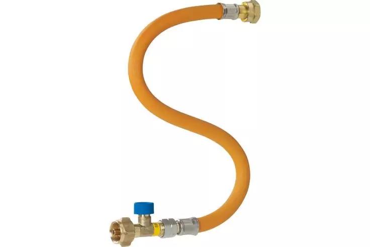 Oranger Schlauch in S-Form mit Metallverschraubungen an beiden Enden und blauem rundem Knopf, wei&szlig;er Hintergrund