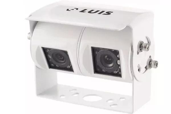 Weißes Gerät mit zwei Kameralinsen unter einer Abdeckung, Metallhalterung mit Schrauben, Aufdruck 'LUIS' oben