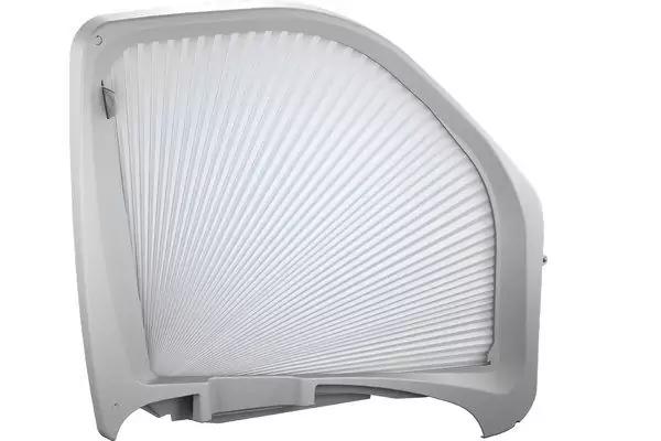 Wei&szlig;es, rechteckiges Kunststoffgeh&auml;use mit abgerundeter Ecke und geripptem, halbkreisf&ouml;rmigem Einsatz