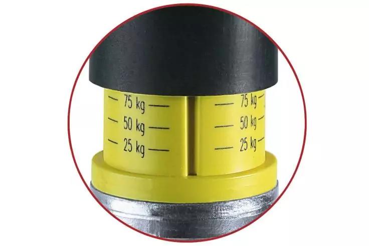 Nahaufnahme eines gelben zylindrischen Teils mit schwarzer Oberseite und Metallboden; auf der gelben Fl&auml;che stehen die Skalenmarkierungen '25 kg', '50 kg', '75 kg'; das Motiv ist von einem roten Kreis umrahmt