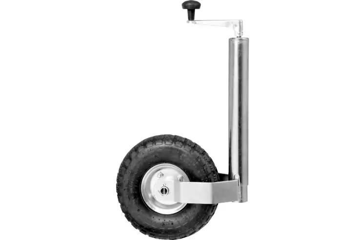 Vertikaler Metallzylinder mit Handkurbel oben und seitlich befestigtem kleinem Gummirad mit Metallnabe