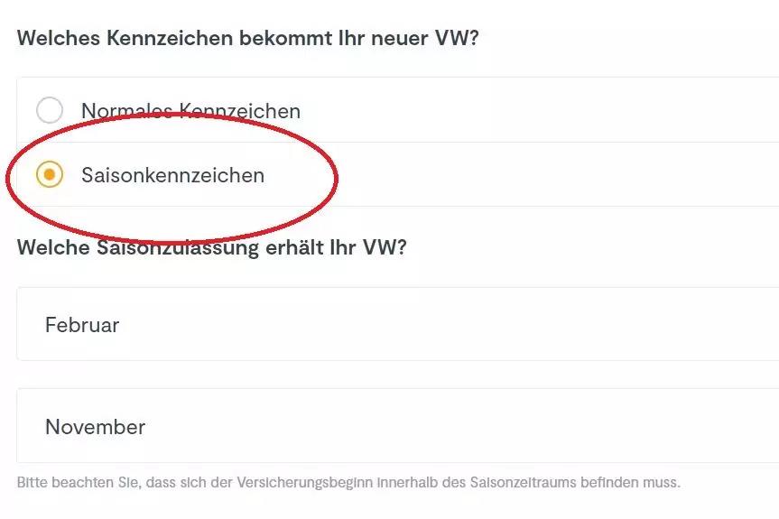 Auswahlformular mit markierter Option &bdquo;Saisonkennzeichen&ldquo; (rot umkreist) und Eingabefeldern &bdquo;Februar&ldquo; und &bdquo;November&ldquo;