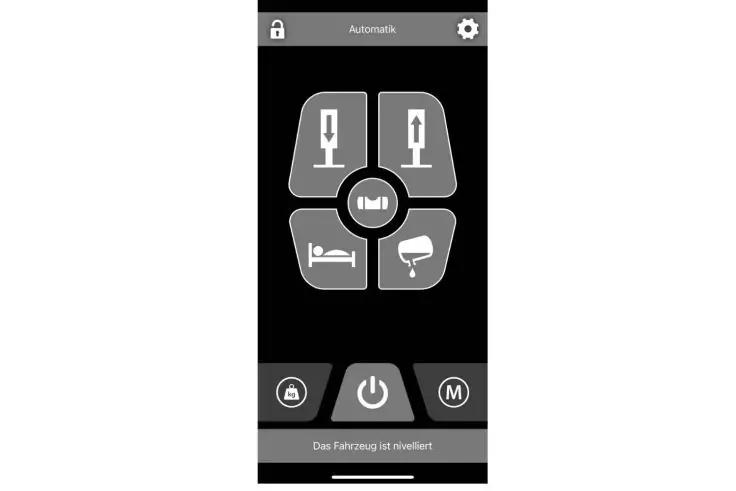 Smartphone-Screenshot auf schwarzem Hintergrund; obere Leiste mit Schlosssymbol links, zentriertem Text 'Automatik' und Zahnrad-Symbol rechts. Mitte: kreisf&ouml;rmiges Bedienfeld mit vier abgerundeten Feldern, jeweils mit wei&szlig;em Piktogramm; zentrales run