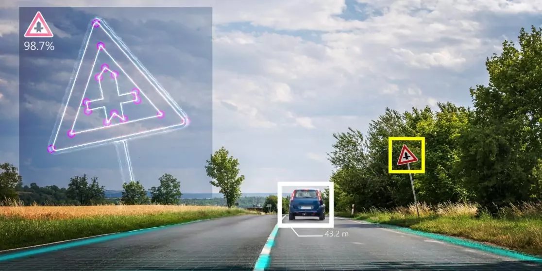 Auto auf einer Landstra&szlig;e mit wei&szlig;en Fahrbahnmarkierungen, rechts ein dreieckiges Verkehrsschild mit Flugzeugsymbol, B&auml;ume und Felder, bew&ouml;lkter Himmel, grafische Markierungen um Auto und Schild und links oben ein Dreieck mit Flugzeugsymbol und Proze