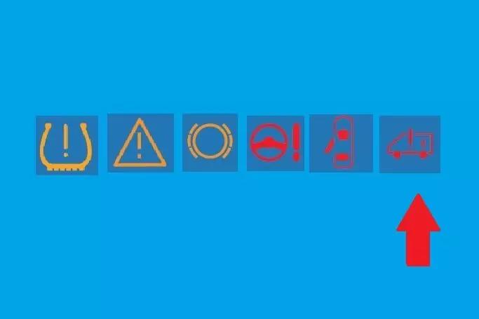 Sechs dunkelblaue Quadrate mit gelben Symbolen auf hellblauem Hintergrund; von links: hufeisenf&ouml;rmiges Symbol mit Ausrufezeichen, Dreieck mit Ausrufezeichen, Kreis mit teilweisem Innenring, rundes Symbol mit zwei Einschnitten, vertikale Punkt‑ und Li