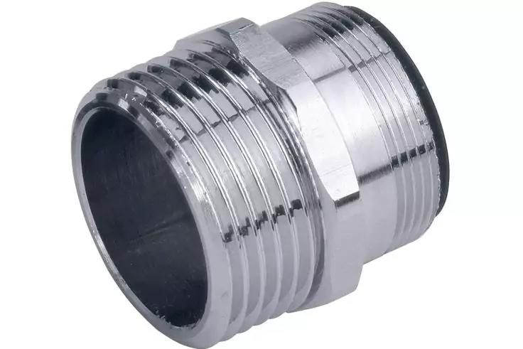 Verchromtes zylindrisches Metallst&uuml;ck mit Au&szlig;engewinde, sechskantigem Mittelteil und schwarzer Gummidichtung an einem Ende