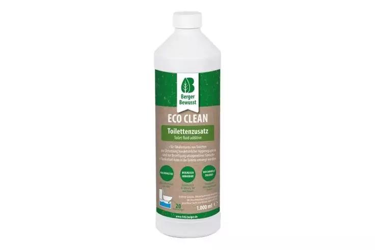 Wei&szlig;e Kunststoffflasche mit gr&uuml;n-beige Etikett, gro&szlig;er Schriftzug &bdquo;ECO CLEAN&ldquo; sowie mehrere kleinere Textzeilen und Symbole