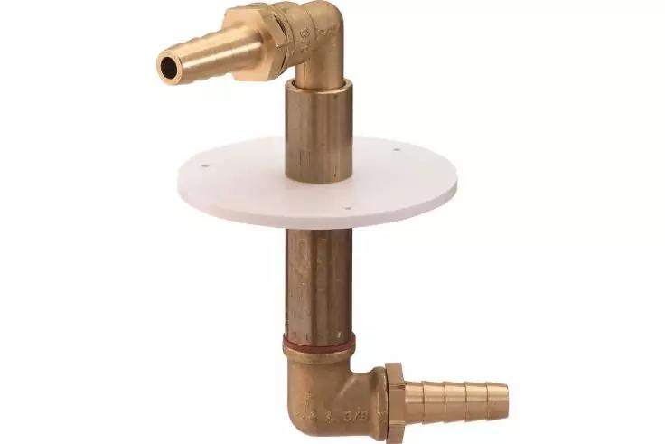 Messingfarbenes Rohr mit zwei Schlauchanschl&uuml;ssen (Winkelst&uuml;cke) und wei&szlig;er runder Montageplatte