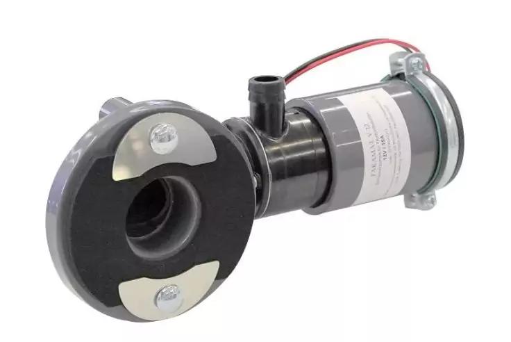 Schwarzes zylindrisches Ger&auml;t mit rundem Flansch, Anschlussrohr und roten und schwarzen Kabeln