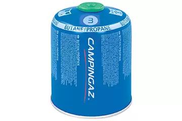Blaue zylindrische Gas-Kartusche mit grünem Ventil oben und weißer Aufschrift 'CAMPINGAZ'