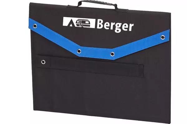 Zwart rechthoekige draagtas met handvat, blauwe diagonale band met oogjes en wit "Berger"-logo