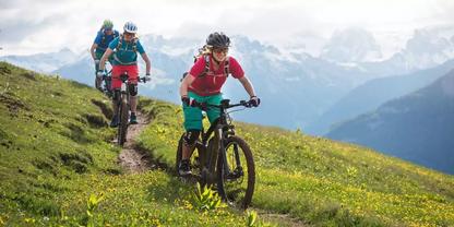 Drei Personen auf Mountainbikes fahren auf einem schmalen Pfad entlang einer gr&uuml;nen, bl&uuml;tenreichen Bergwiese; im Hintergrund Berge und bew&ouml;lkter Himmel