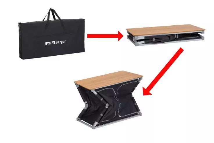 Schwarze Tragetasche mit weißer Aufschrift 'Berger', rechts oben zusammengelegtes Holztablett und schwarzes Klappgestell, unten aufgeklapptes X‑förmiges schwarzes Gestell mit Holzplatte; rote Pfeile zwischen den Bildern
