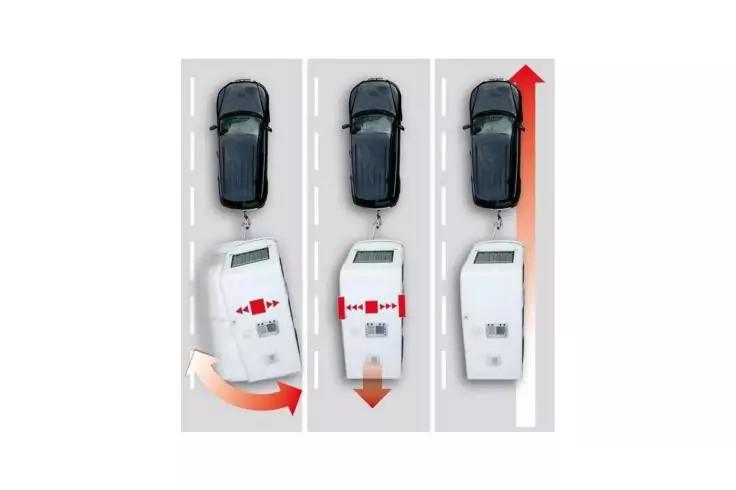 Drei nebeneinander gezeigte Draufsichten: jeweils ein schwarzes Auto auf hellgrauer Stra&szlig;e mit gestrichelten Fahrbahnmarkierungen und darunter ein wei&szlig;es rechteckiges Ger&auml;t mit Display; rote Richtungspfeile in den Panels (links gebogener Pfeil nach l