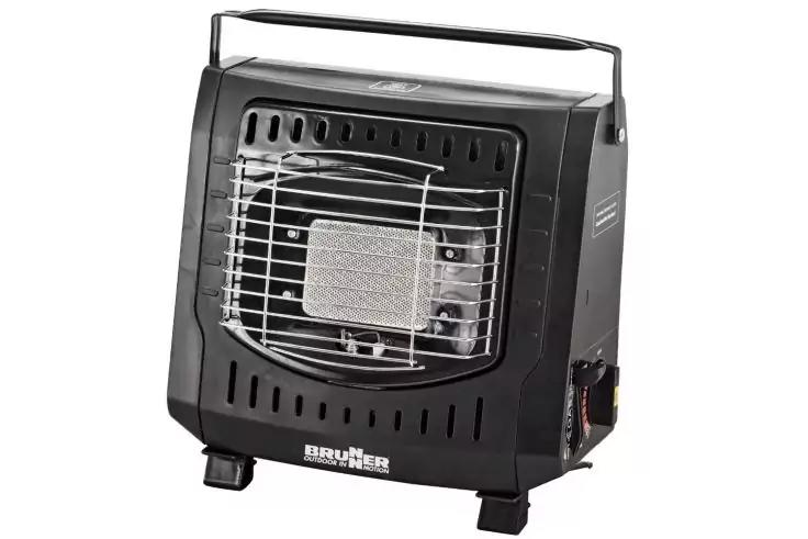 Schwarzer tragbarer Gasheizer mit vorderer Metallgitter-Abdeckung, Tragegriff oben und seitlichem Bedienelement