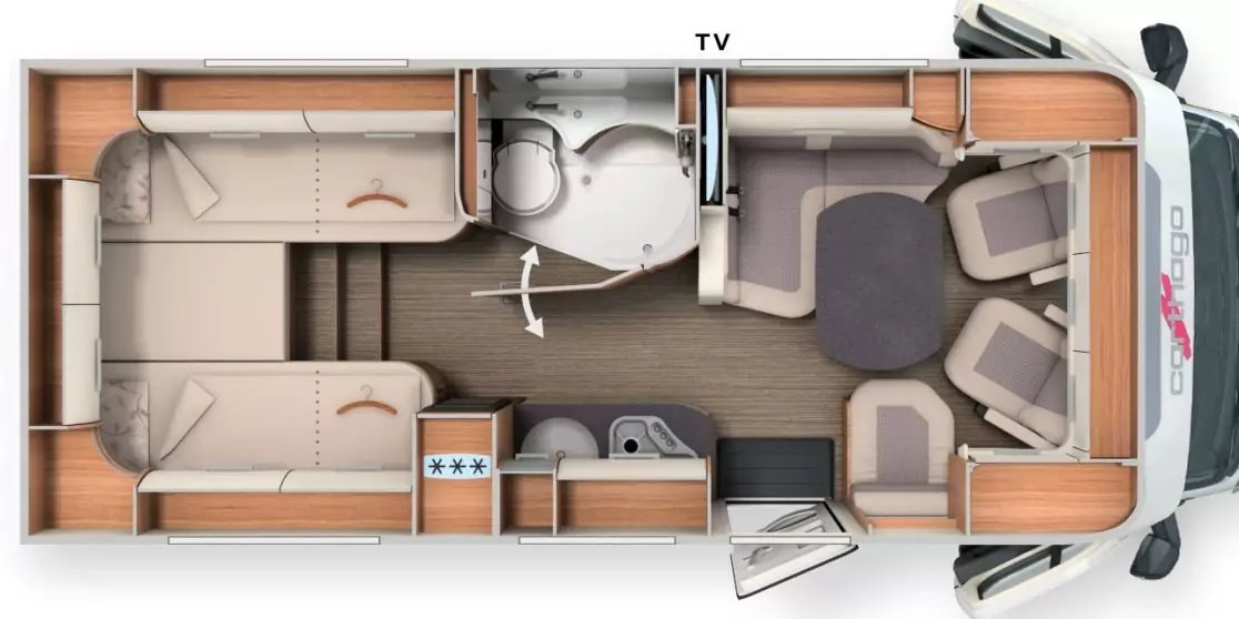 Draufsicht Grundriss eines Wohnmobils mit zwei Betten hinten, mittig Bad, K&uuml;chenzeile, vorderer Sitzgruppe, Fahrerkabine und ge&ouml;ffneter Seitent&uuml;r