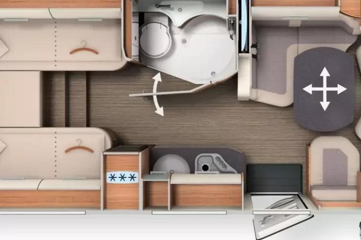 Draufsicht auf einen Innenraumgrundriss mit Sitzb&auml;nken, Esstisch, K&uuml;chenzeile mit Sp&uuml;le und Herd, kleinem Bad mit Toilette und Waschbecken, Schr&auml;nken und Holzfu&szlig;boden