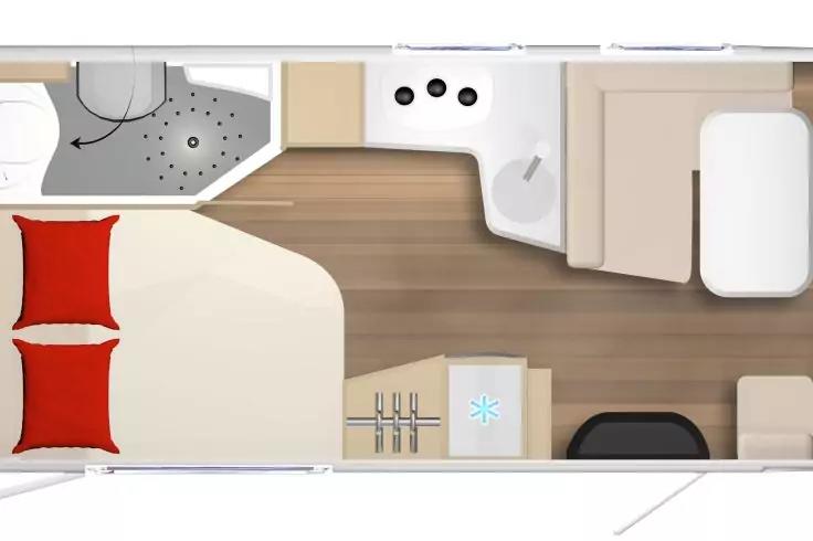 Draufsicht einer Innenraumgrundriss: Bett mit zwei roten Kissen, Dusche mit Ablauf, Sp&uuml;le, Herd mit drei Kochplatten, Sitzbank und Schrank