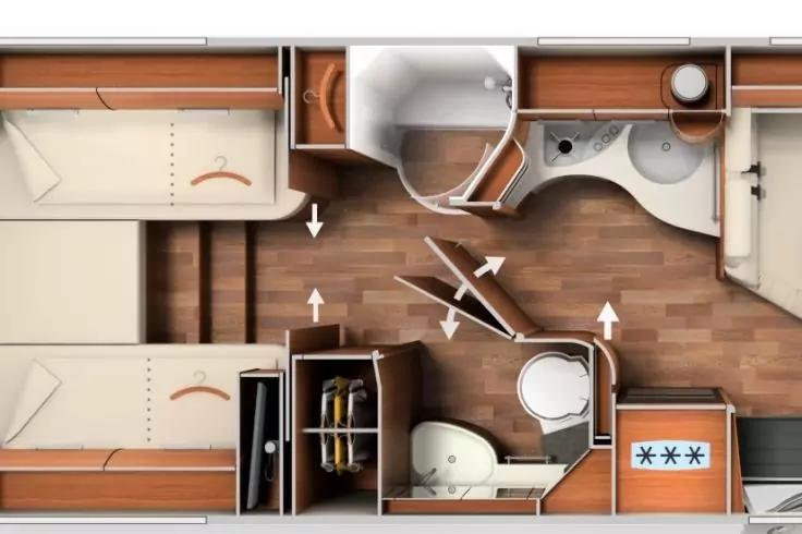 Vogelperspektive eines Grundrisses mit zwei Einzelbetten links, Holzfu&szlig;boden, mittigem Bad mit Duschkabine und Toilette, Waschbecken oben rechts, K&uuml;chenbereich rechts mit Sp&uuml;le, Herd und Schr&auml;nken