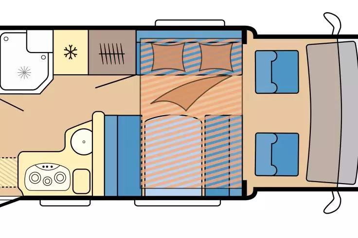 Draufsicht auf Innenraum mit Fahrerhaus vorne (zwei Sitze), mittig Sitzgruppe/Bank, zentrales Bett, K&uuml;chenzeile mit Sp&uuml;le und Herd, Schrank, Bad mit Dusche hinten links, Fenster und T&uuml;ren