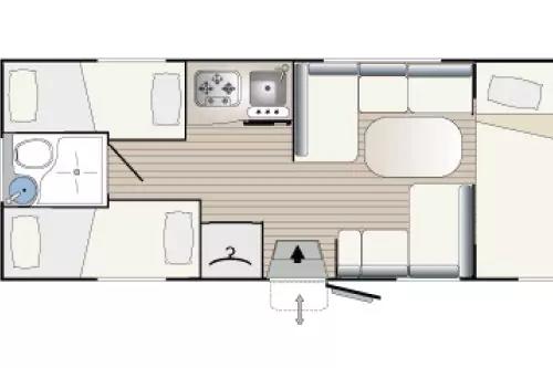 Grundriss eines Wohnwagens mit zwei Einzelbetten links, Badezimmer mit Toilette, Waschbecken und Dusche, K&uuml;chenzeile mit Sp&uuml;le und Herd oben Mitte, Sitzbereich mit Tisch rechts, Kleiderschrank neben dem Eingang, Doppelbett rechts