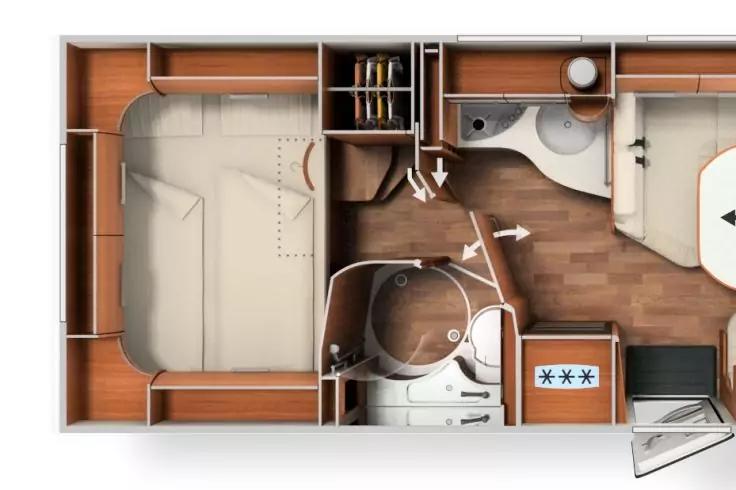 Draufsicht eines Innenraum-Grundrisses: gro&szlig;es Bett links, Kleiderschrank und Schr&auml;nke, zentrales rundes Bad mit Dusche und Toilette, Waschbecken und Herd in der K&uuml;che, kleiner runder Tisch rechts, K&uuml;hlschrank mit drei Sternen, Eingangst&uuml;r unten rech