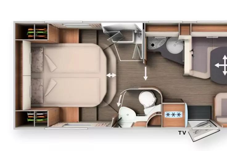 Top-Down-Grundriss eines Innenraums mit Doppelbett links, Schr&auml;nken, mittig Bad mit Toilette, Waschbecken und Dusche, rechts K&uuml;chenzeile mit Herd und Sp&uuml;le, Sitzbereich und als TV beschriftet