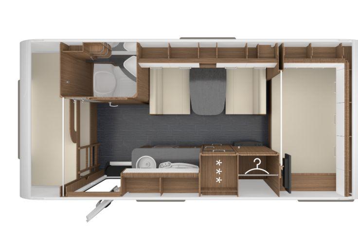 Vogelperspektive eines Innenraum-Grundrisses mit Bett, Duschbad mit Toilette, Sitzbank/Esstisch, K&uuml;chenzeile mit Sp&uuml;le und Herd, Schr&auml;nken, Kleiderstange und Eingangst&uuml;r