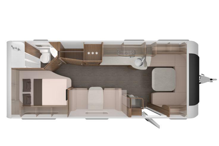 Draufsicht eines Wohnwagen-/Anh&auml;ngerinternals mit Bett links, Sitzecke mit Tisch vorne rechts, Mittelgang, K&uuml;chenzeile mit Sp&uuml;le und Herd, Bad mit Toilette und Waschbecken hinten links, Schr&auml;nken, Eingangst&uuml;r rechts und Anh&auml;ngerkupplung vorne